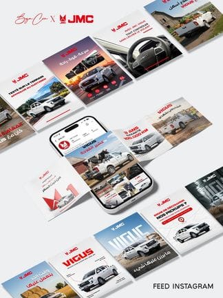 Mosaïque de publications du feed Instagram JMC autour d’un smartphone