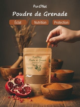 Visuel Pur’Nat : sachet de poudre de grenade entouré de grenades ouvertes